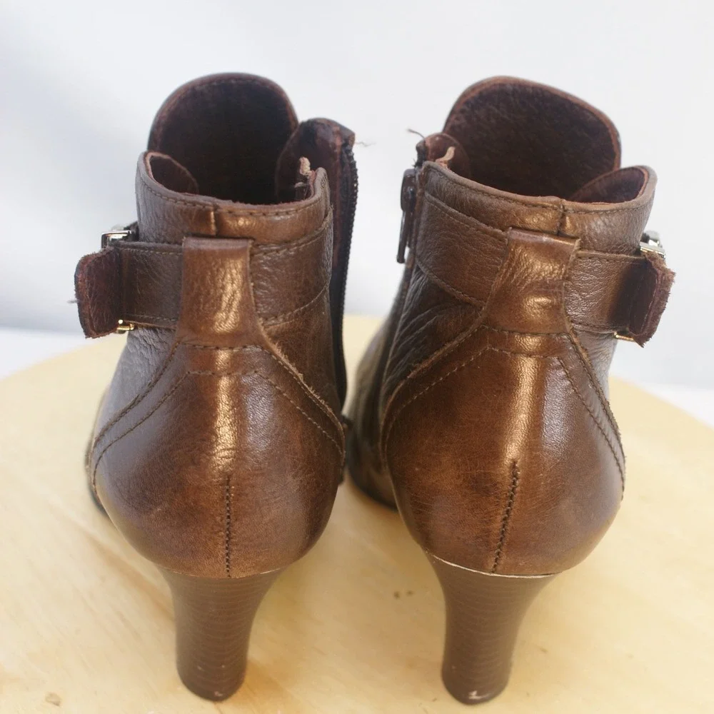 Nurture Hunter Brown Leather Ankle Boots‎ Buckle Zip Booties Womens 6.5M